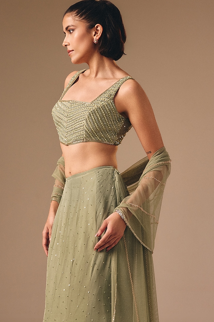 Sage Green Satin Organza Fish-Cut Wedding Lehenga Set by DISHA MUCHHALA at Pernia's Pop Up Shop