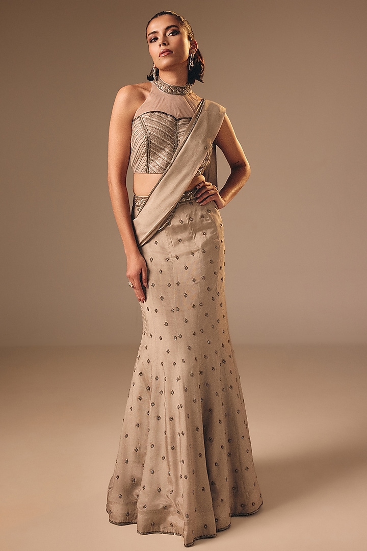 Grey Satin Organza Draped Fish-Cut Wedding Lehenga Set by DISHA MUCHHALA at Pernia's Pop Up Shop