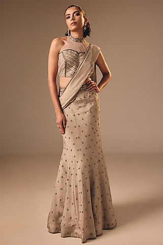 Grey Satin Organza Draped Fish-Cut Lehenga Set by DISHA MUCHHALA