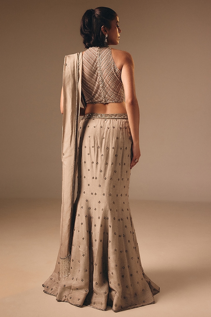 Grey Satin Organza Draped Fish-Cut Wedding Lehenga Set by DISHA MUCHHALA at Pernia's Pop Up Shop
