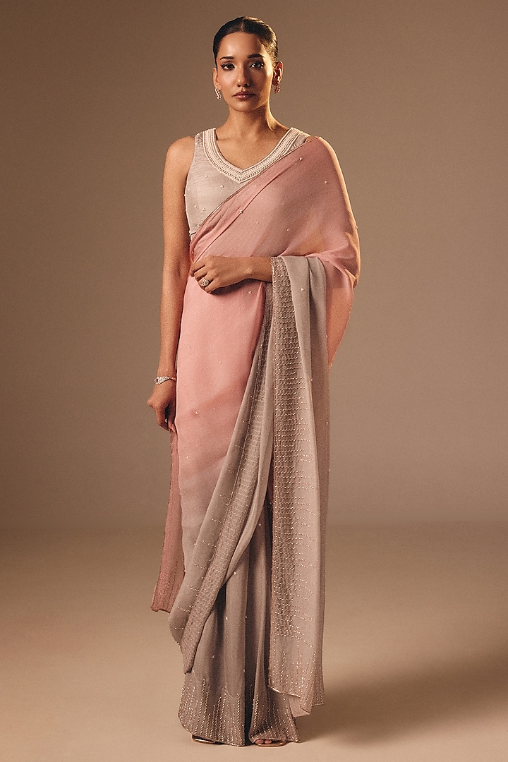 Pink & Grey Shaded Satin Organza Wedding Saree Set by DISHA MUCHHALA at Pernia's Pop Up Shop