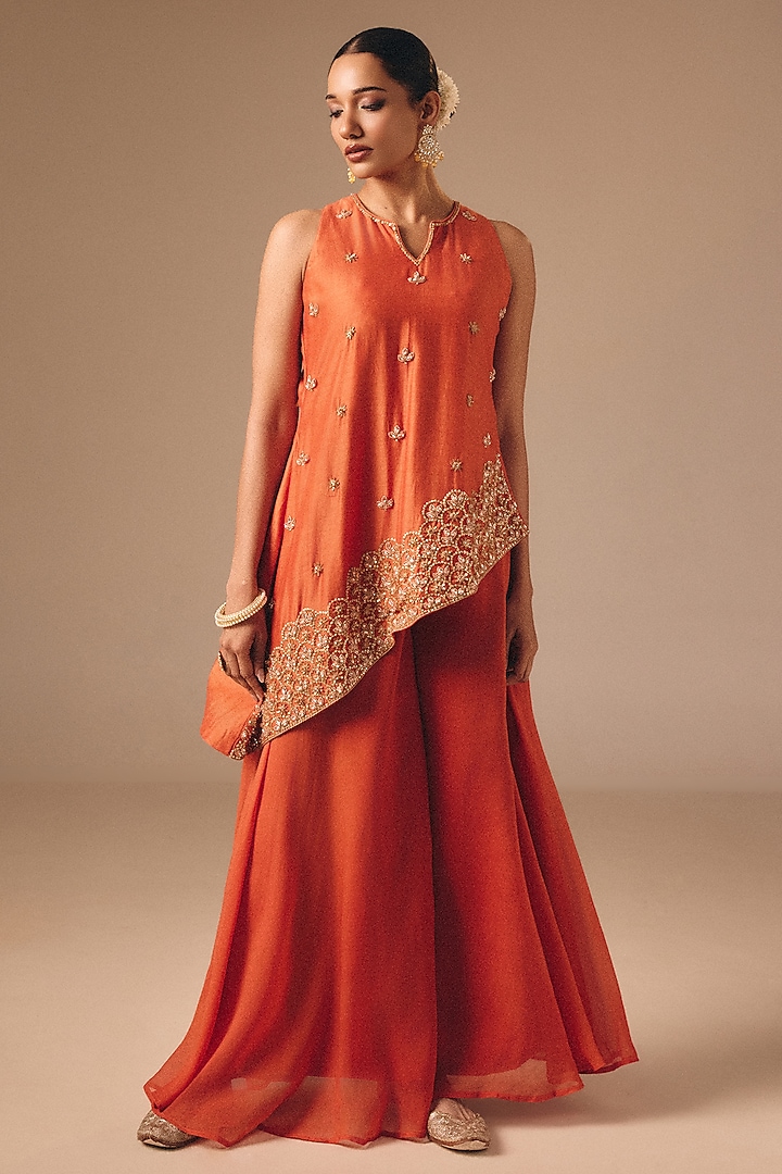Burnt Orange Silk Boota Embroidered Asymmetric Kurta Set by DISHA MUCHHALA at Pernia's Pop Up Shop