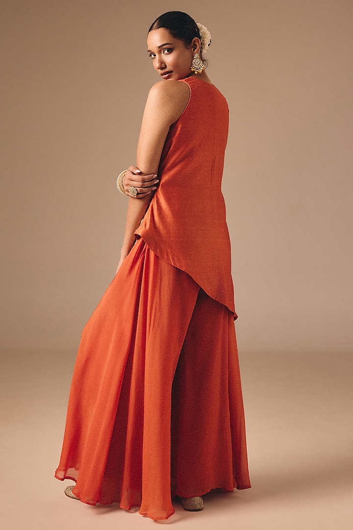 Burnt Orange Silk Boota Embroidered Asymmetric Kurta Set by DISHA MUCHHALA at Pernia's Pop Up Shop