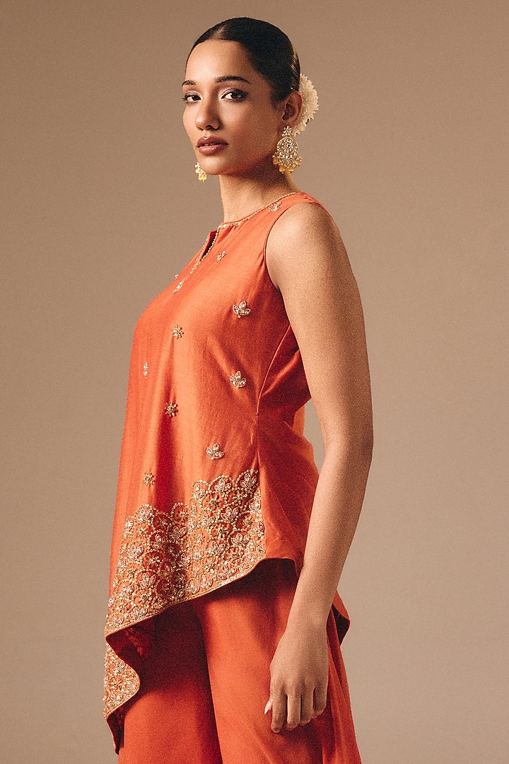 Burnt Orange Silk Boota Embroidered Asymmetric Kurta Set by DISHA MUCHHALA at Pernia's Pop Up Shop