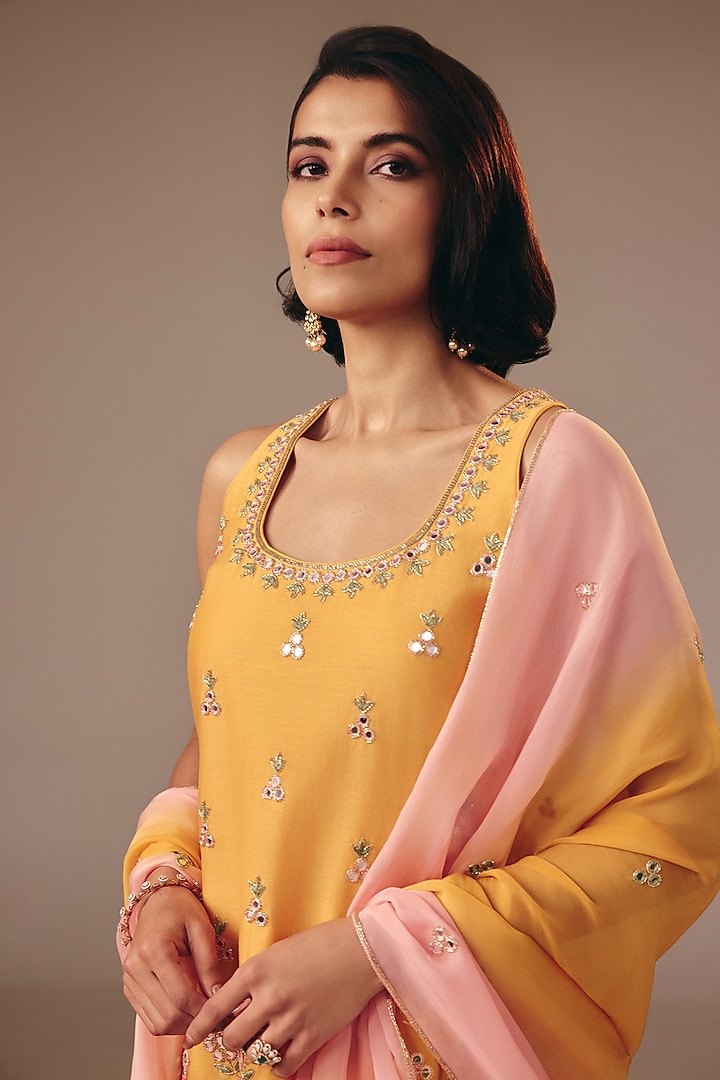 Yellow Chanderi Mirror Embroidered Kurta Set by DISHA MUCHHALA at Pernia's Pop Up Shop