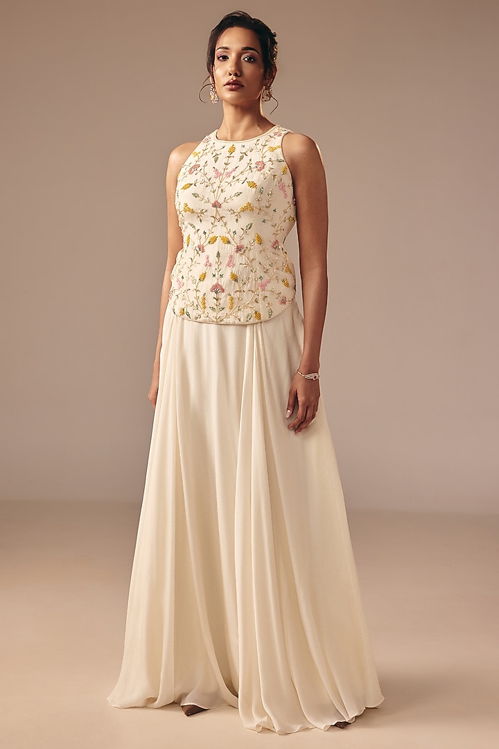 Ivory Chiffon Skirt Set by DISHA MUCHHALA at Pernia's Pop Up Shop