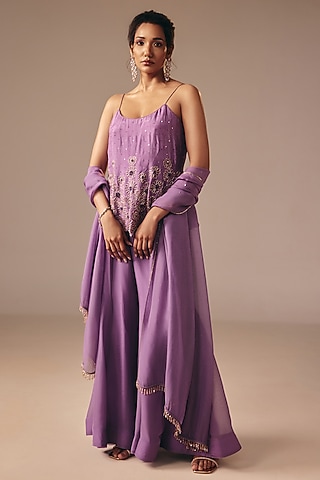Purple Satin Organza Flared Pant Set by DISHA MUCHHALA