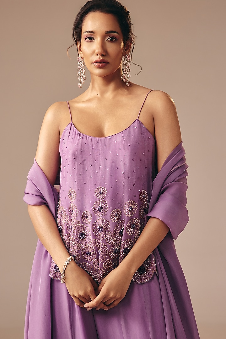 Purple Satin Organza Flared Pant Set by DISHA MUCHHALA at Pernia's Pop Up Shop