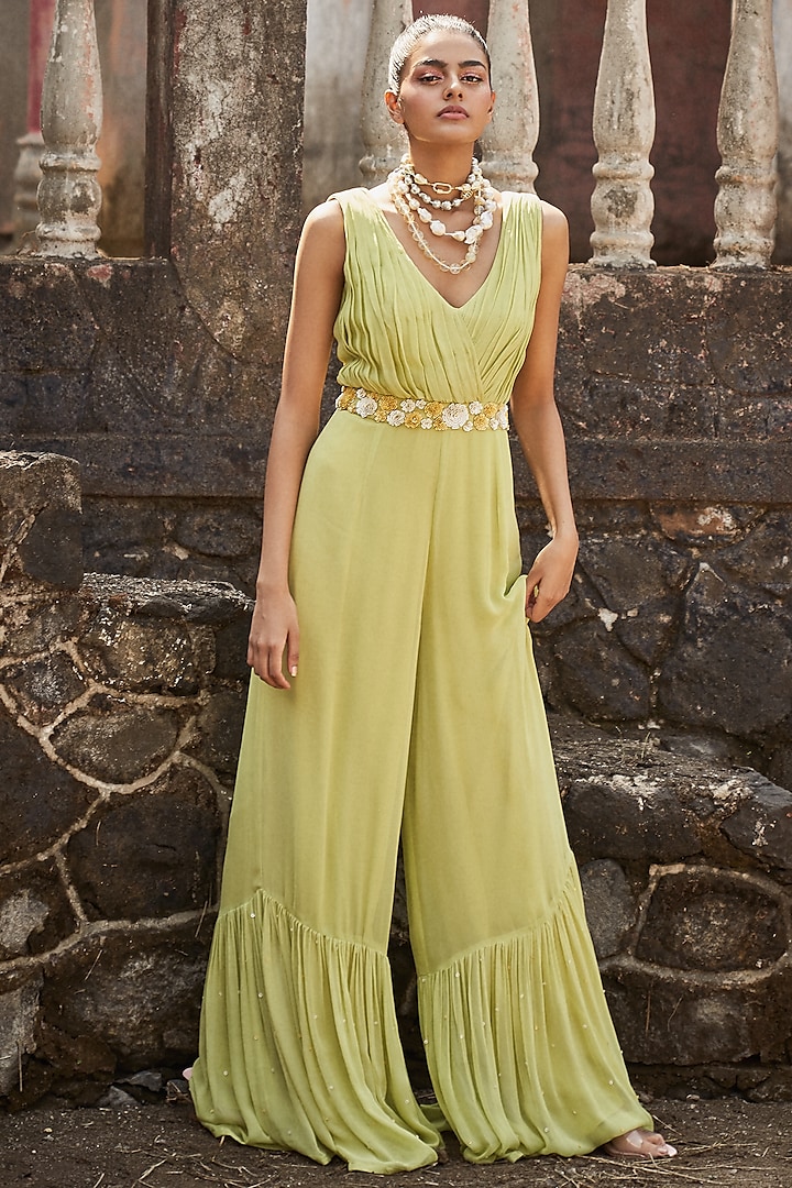 Forest Green Pleated Jumpsuit With Embroidered Belt by DISHA MUCHHALA