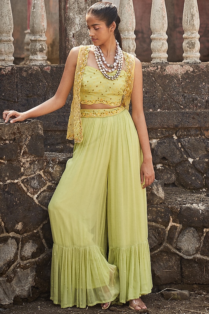 Forest Green Embroidered Palazzo Pant Set by DISHA MUCHHALA