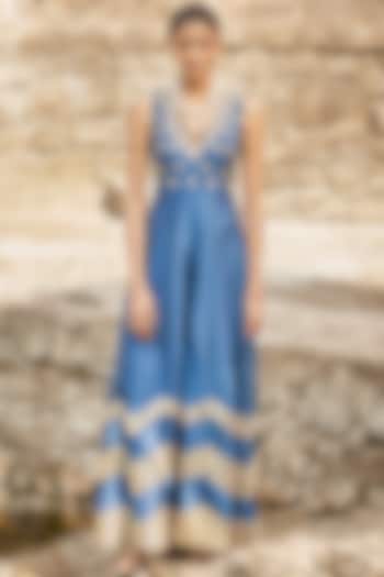 Blue Embroidered Jumpsuit by DISHA MUCHHALA at Pernia's Pop Up Shop