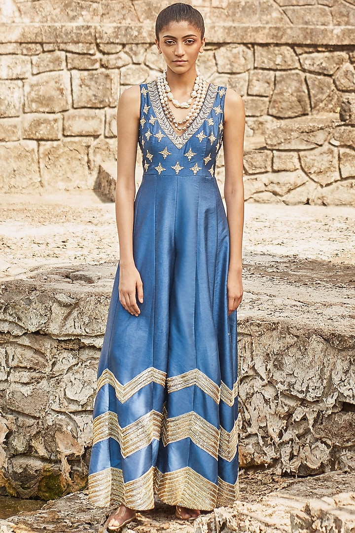 Blue Embroidered Jumpsuit by DISHA MUCHHALA at Pernia's Pop Up Shop