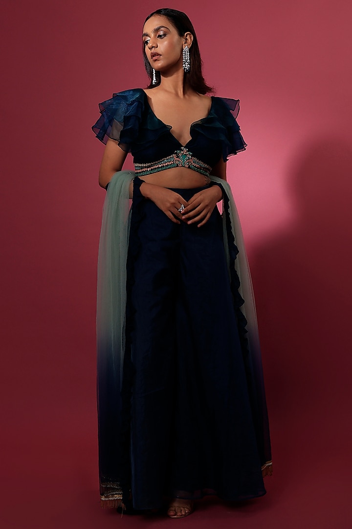 Dark Blue Organza Pant Set by DISHA MUCHHALA at Pernia's Pop Up Shop