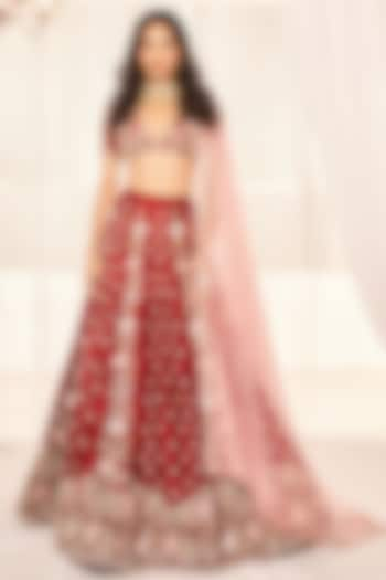 Blood Red Dupion Silk Resham & Zardosi Embroidered Wedding Lehenga Set by Disha Muchhala at Pernia's Pop Up Shop