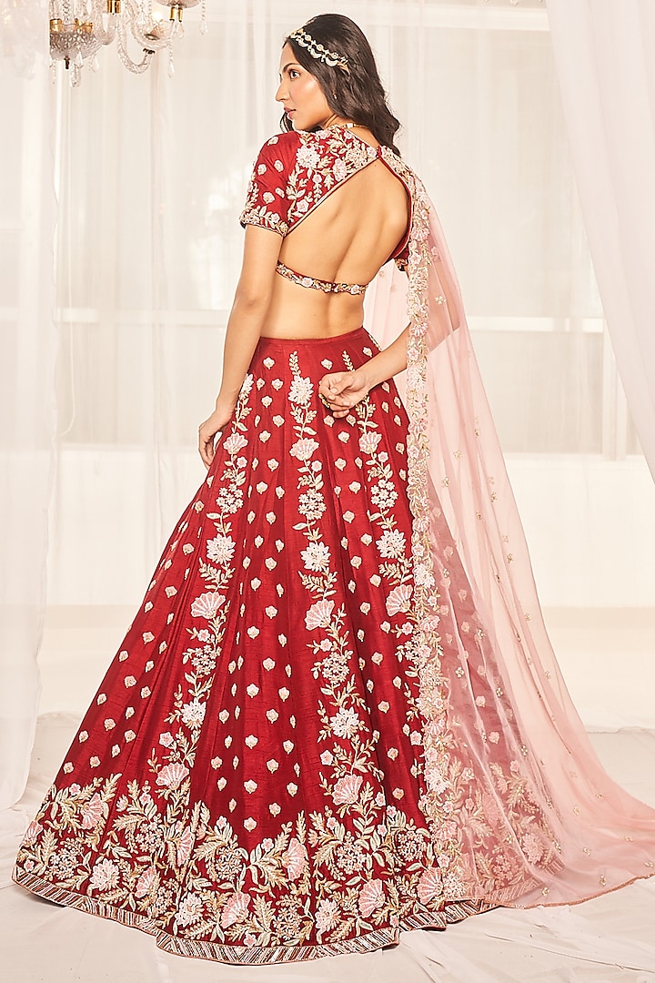 Blood Red Dupion Silk Resham & Zardosi Embroidered Wedding Lehenga Set by Disha Muchhala at Pernia's Pop Up Shop