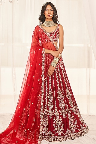 Cherry Red Dupion Silk Aari & Zardosi Embroidered Lehenga Set by Disha Muchhala
