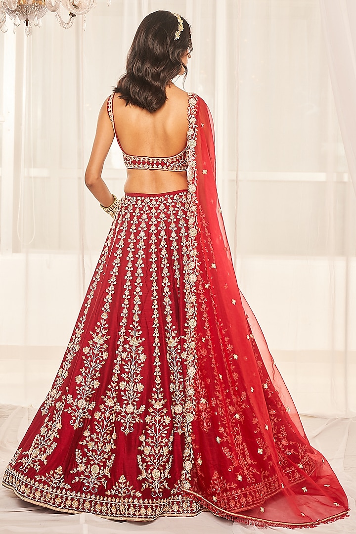 Cherry Red Dupion Silk Aari & Zardosi Embroidered Wedding Lehenga Set by Disha Muchhala at Pernia's Pop Up Shop