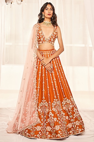 Burnt Orange Dupion Silk Resham & Cutdana Embroidered Lehenga Set by Disha Muchhala
