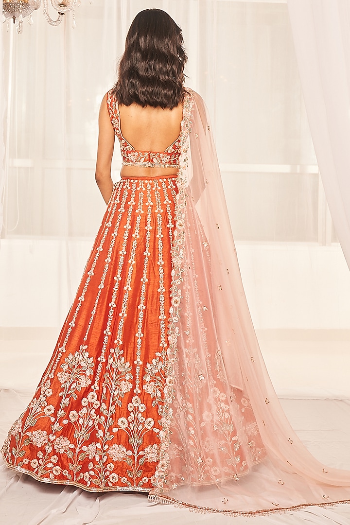 Burnt Orange Dupion Silk Resham & Cutdana Embroidered Wedding Lehenga Set by Disha Muchhala at Pernia's Pop Up Shop