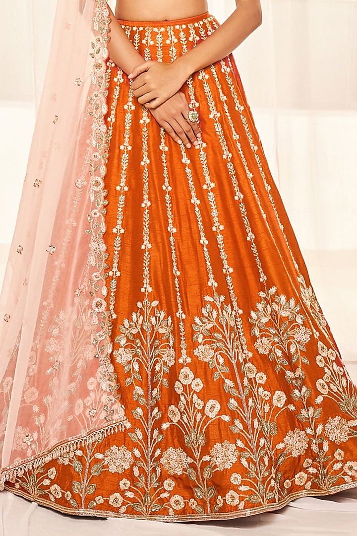 Burnt Orange Dupion Silk Resham & Cutdana Embroidered Wedding Lehenga Set by Disha Muchhala at Pernia's Pop Up Shop
