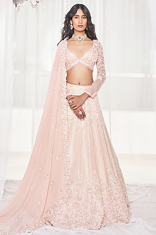 Light Pink Dupion Silk Pearl & Resham Embroidered Lehenga Set by Disha Muchhala