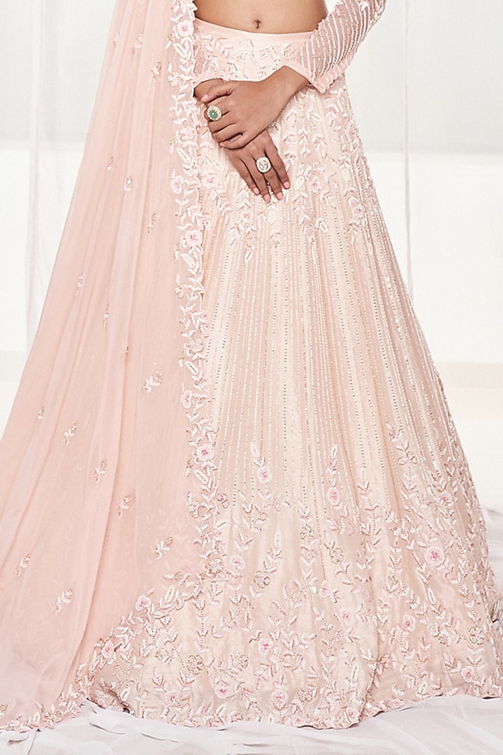 Light Pink Dupion Silk Pearl & Resham Embroidered Wedding Lehenga Set by Disha Muchhala at Pernia's Pop Up Shop