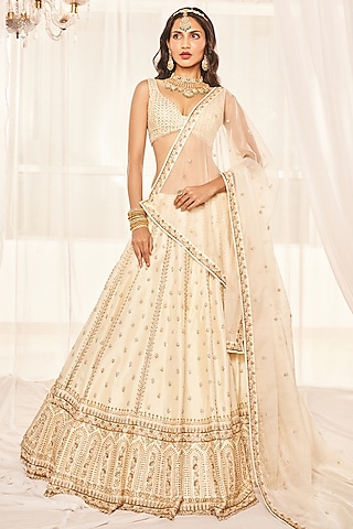 Ivory Dupion Silk Zardosi Embroidered Lehenga Set by Disha Muchhala