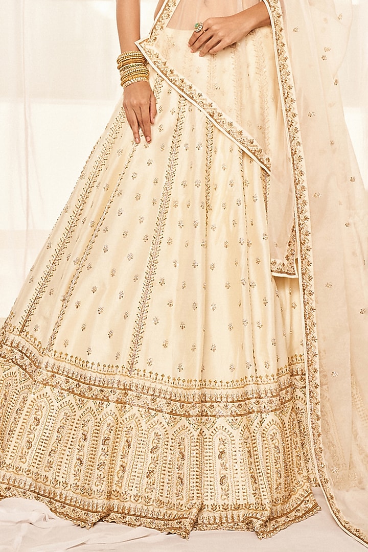 Ivory Dupion Silk Zardosi Embroidered Wedding Lehenga Set by Disha Muchhala at Pernia's Pop Up Shop