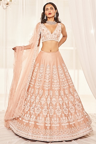 Blush Pink Dupion Silk Zardosi Embroidered Lehenga Set by Disha Muchhala
