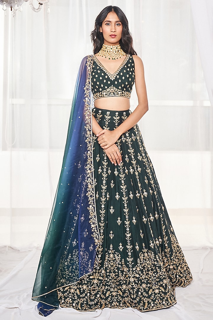 Bottle Green Silk Zardosi & Resham Embroidered Lehenga Set by Disha Muchhala