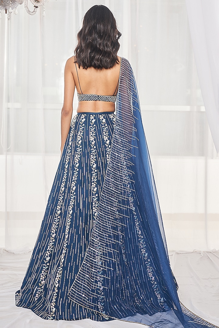 Teal Blue Silk Cutdana & Sequins Embroidered Wedding Lehenga Set by Disha Muchhala at Pernia's Pop Up Shop