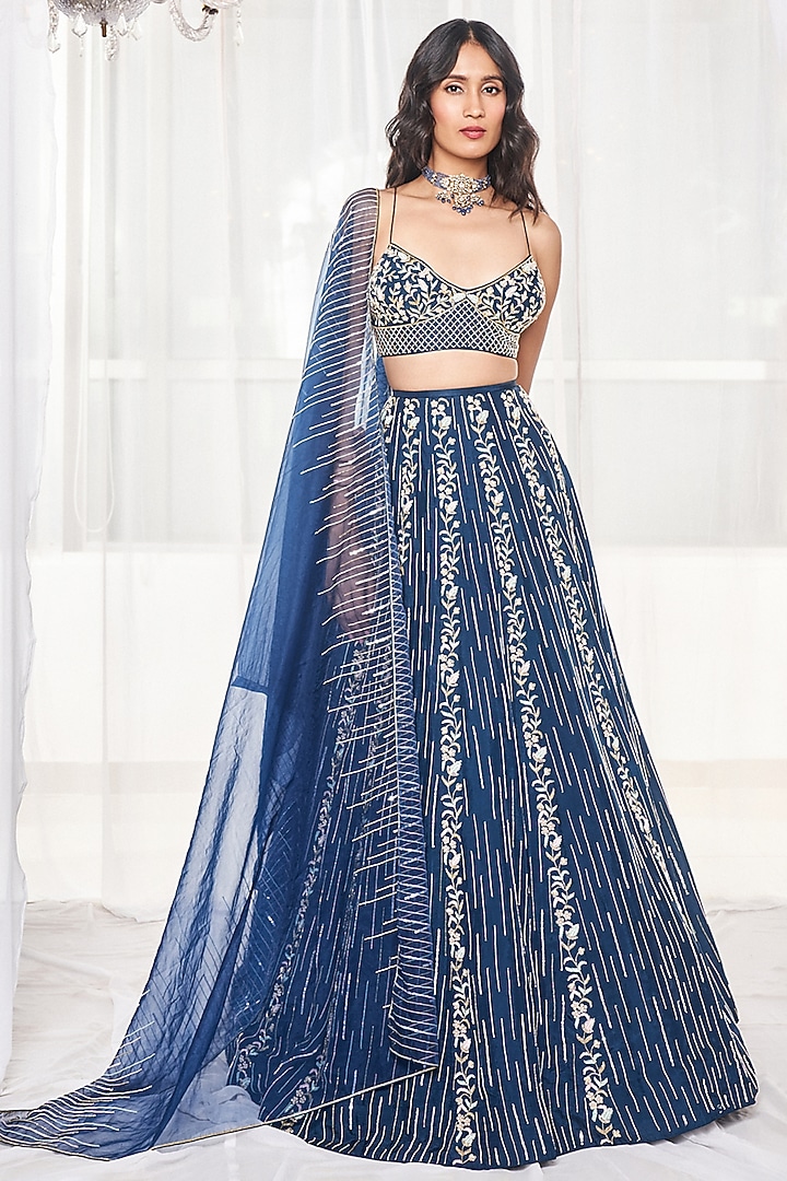 Teal Blue Silk Cutdana & Sequins Embroidered Wedding Lehenga Set by Disha Muchhala at Pernia's Pop Up Shop
