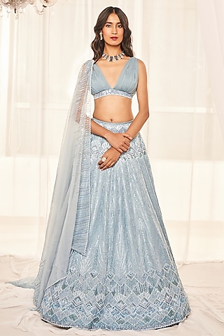 Cerulean Blue Dupion Silk Cutdana & Sequins Geometric Lehenga Set by Disha Muchhala