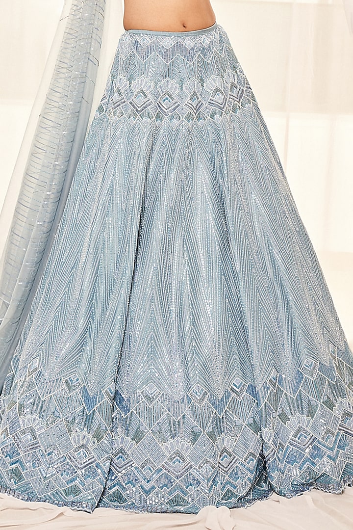 Cerulean Blue Dupion Silk Cutdana & Sequins Geometric Wedding Lehenga Set by Disha Muchhala at Pernia's Pop Up Shop