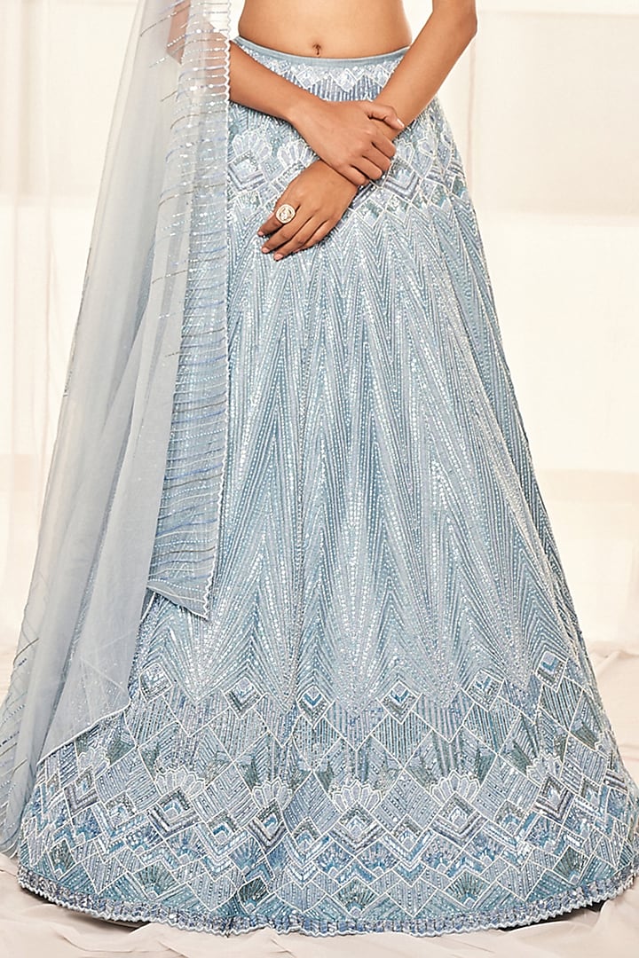 Cerulean Blue Dupion Silk Cutdana & Sequins Geometric Wedding Lehenga Set by Disha Muchhala at Pernia's Pop Up Shop