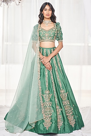 Teal Green Dupion Silk Zardosi Embroidered Lehenga Set by Disha Muchhala