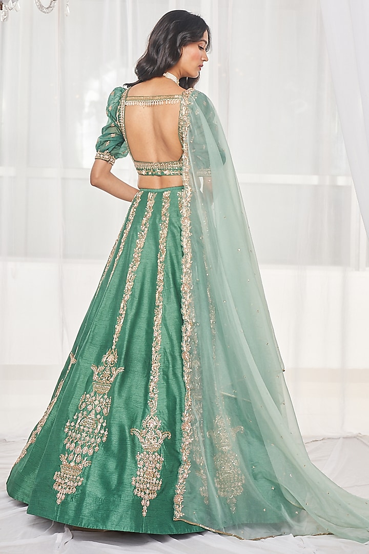 Teal Green Dupion Silk Zardosi Embroidered Wedding Lehenga Set by Disha Muchhala at Pernia's Pop Up Shop