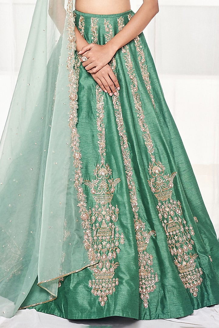Teal Green Dupion Silk Zardosi Embroidered Wedding Lehenga Set by Disha Muchhala at Pernia's Pop Up Shop