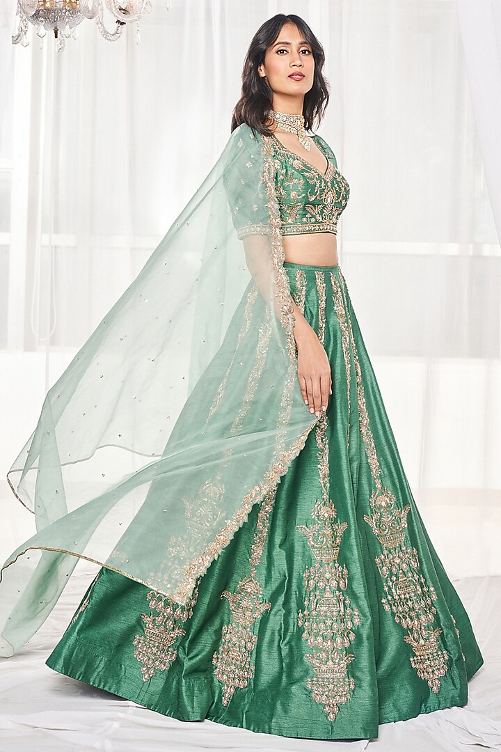 Teal Green Dupion Silk Zardosi Embroidered Wedding Lehenga Set by Disha Muchhala at Pernia's Pop Up Shop