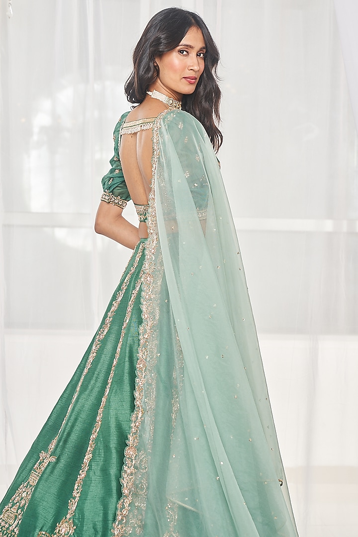 Teal Green Dupion Silk Zardosi Embroidered Wedding Lehenga Set by Disha Muchhala at Pernia's Pop Up Shop