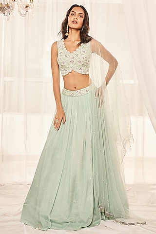 Turquoise Crepe Silk Pearl & Sequins Embroidered Lehenga Set by Disha Muchhala