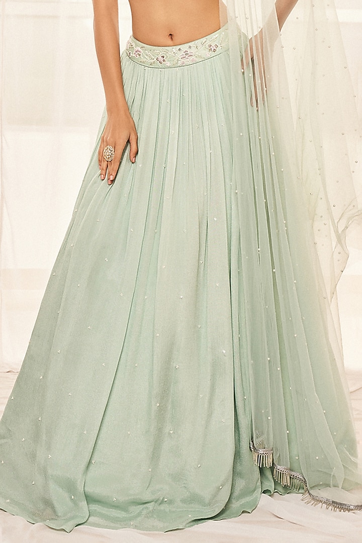 Turquoise Crepe Silk Pearl & Sequins Embroidered Wedding Lehenga Set by Disha Muchhala at Pernia's Pop Up Shop