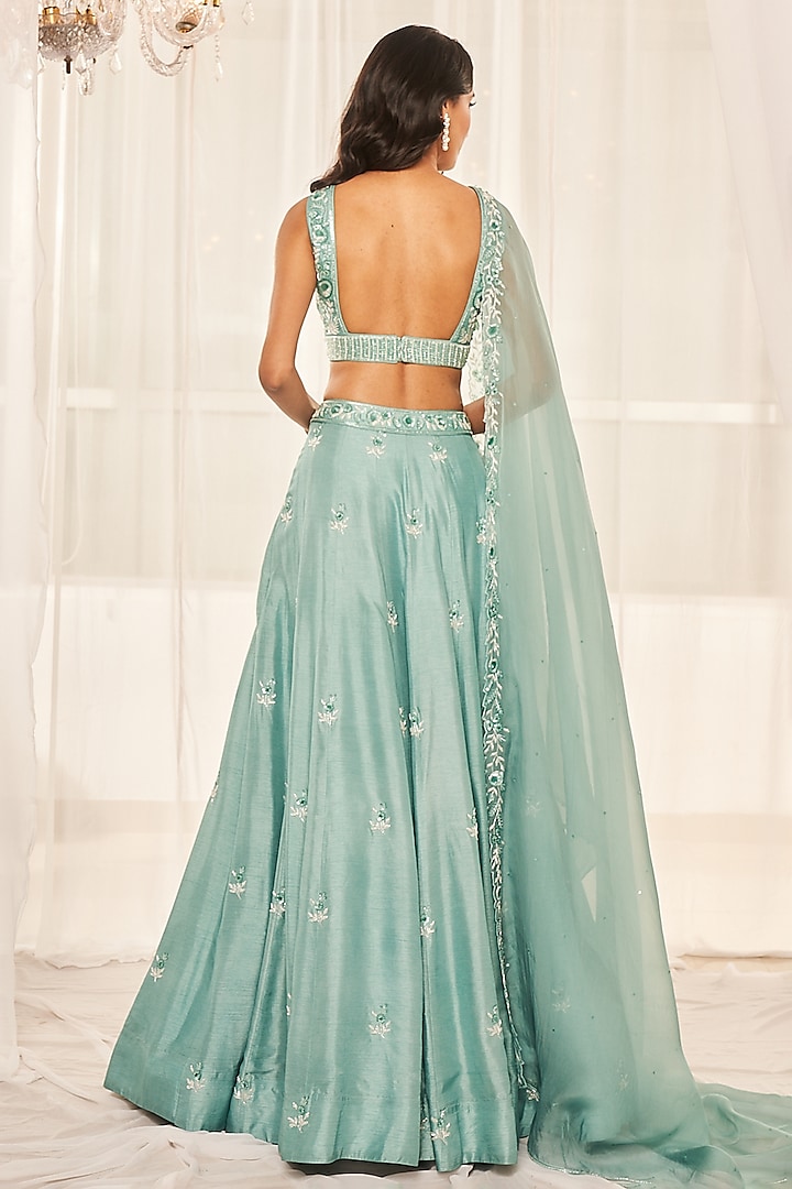 Candy Blue Dupion Silk Resham & Cutdana Embroidered Wedding Lehenga Set by Disha Muchhala at Pernia's Pop Up Shop