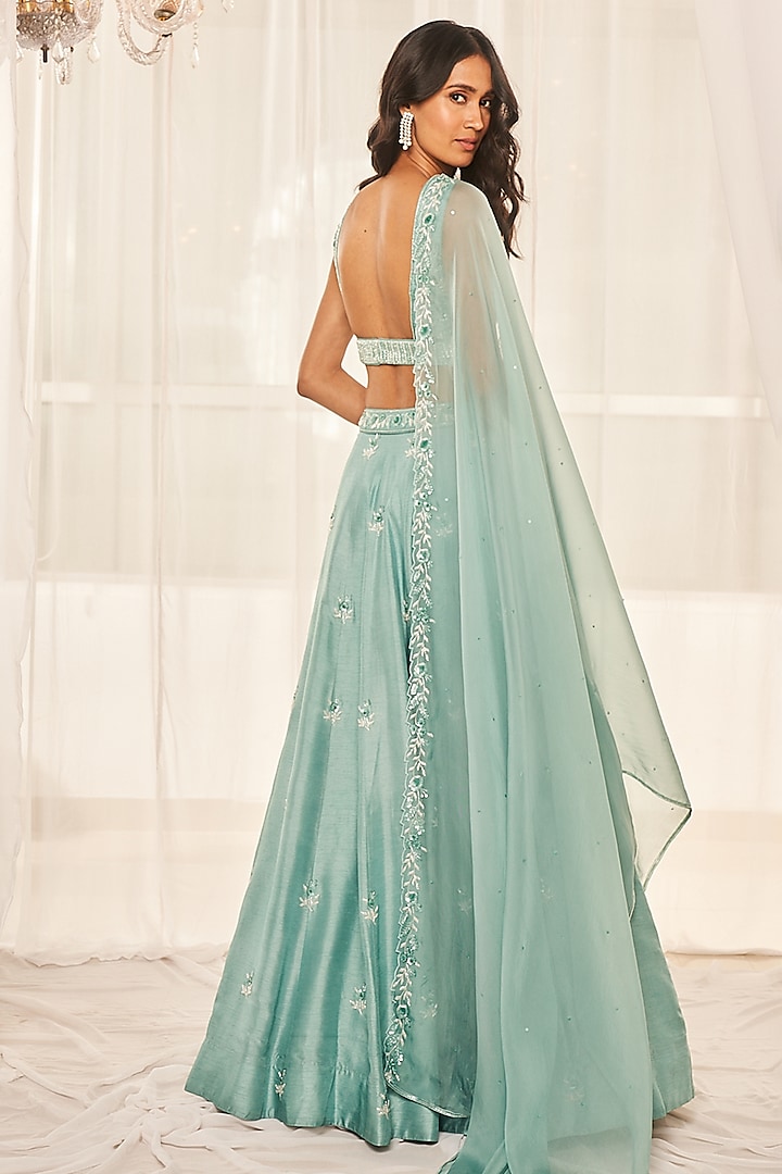 Candy Blue Dupion Silk Resham & Cutdana Embroidered Wedding Lehenga Set by Disha Muchhala at Pernia's Pop Up Shop