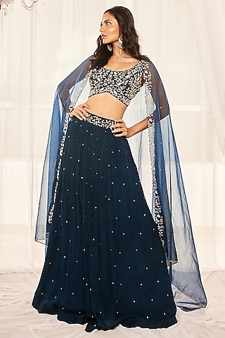 Teal Blue Wrinkle Chiffon Sequins Embroidered Lehenga Set by Disha Muchhala