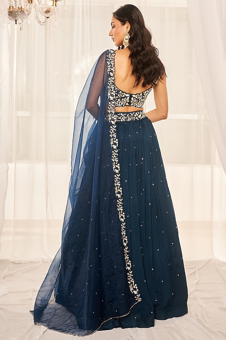 Teal Blue Wrinkle Chiffon Sequins Embroidered Wedding Lehenga Set by Disha Muchhala at Pernia's Pop Up Shop