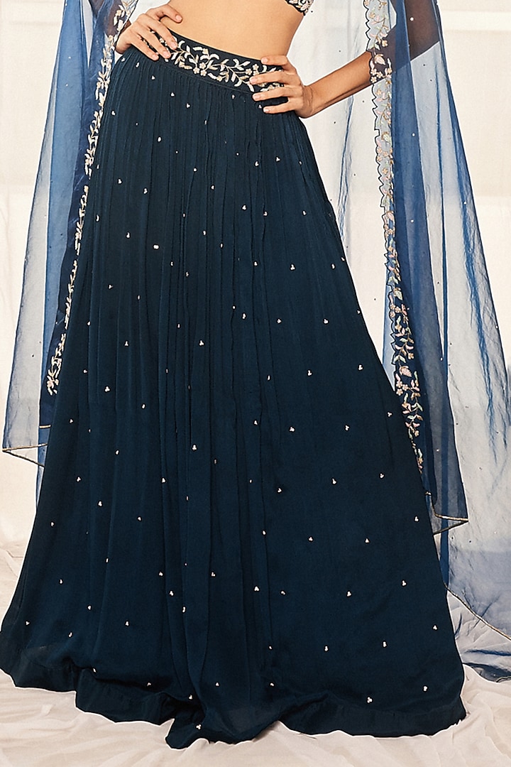 Teal Blue Wrinkle Chiffon Sequins Embroidered Wedding Lehenga Set by Disha Muchhala at Pernia's Pop Up Shop