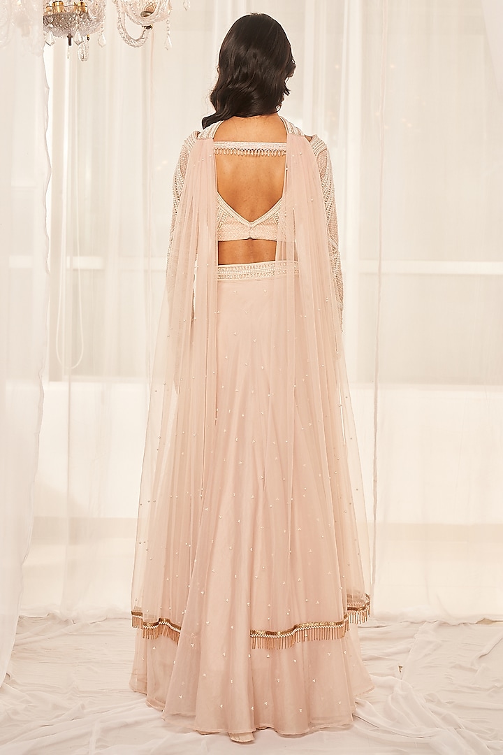 Dusty Beige Organza Pearl Embroidered Wedding Lehenga Set by Disha Muchhala at Pernia's Pop Up Shop