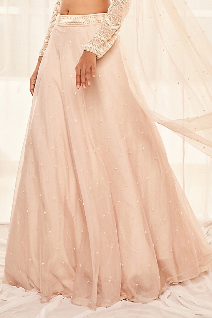 Dusty Beige Organza Pearl Embroidered Wedding Lehenga Set by Disha Muchhala at Pernia's Pop Up Shop
