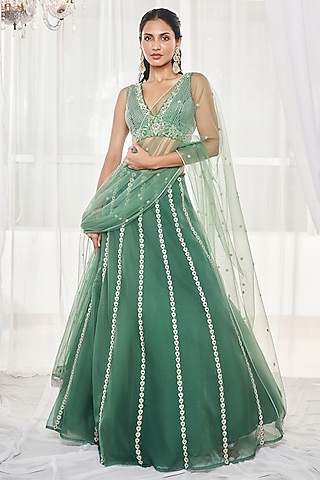 Teal Green Organza Cutdana & Resham Embroidered Lehenga Set by Disha Muchhala